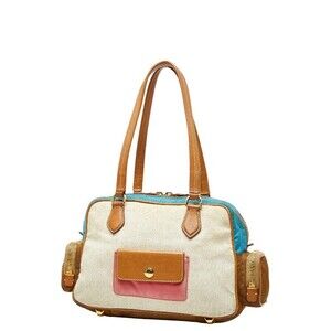 Prada Nylon Leather Logo Triangle Brown Pink Handbag Blue Canvas Plate